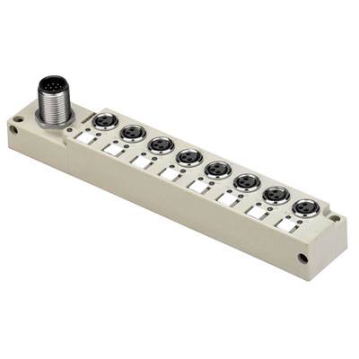 Mehrfachanschlussblock für industrielle Anwendungen mit acht Ports und großem Steckverbinder an einem Ende.