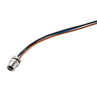 Ein elektrischer Stecker mit fünf Drähten in verschiedenen Farben ist abgebildet. Der Stecker ist zylindrisch mit einem Metallgehäuse.
