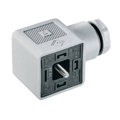 Ein grauer, L-förmiger elektrischer Steckverbinder mit geriffelter Oberfläche und schwarzer Innenfläche, geeignet für industrielle Anwendungen.