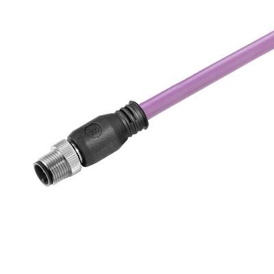Lila M12-Steckverbinder mit schwarz beschichteter Verschraubung und silbernem Metallgewinde, verwendet für industrielle Anschlüsse.