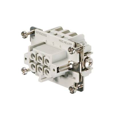 Ein rechteckiger elektrischer Stecker mit sechs Anschlussöffnungen und vier Schrauben an den Ecken, zur Befestigung und Verbindung.