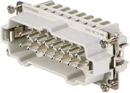 Ein rechteckiger, mehrpoliger elektrischer Steckverbinder mit Metallkontakten und einem Kunststoffgehäuse.