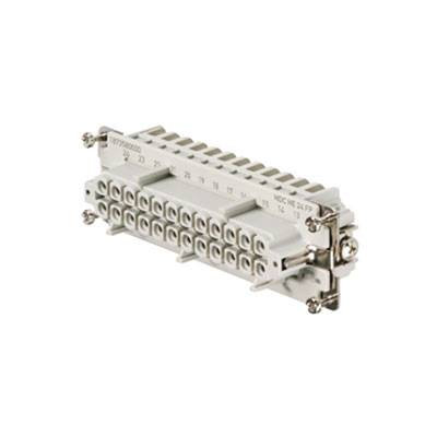 Ein rechteckiger elektrischer Steckverbinder mit mehreren Anschlussklemmen in zwei Reihen, geeignet für industrielle Anwendungen.