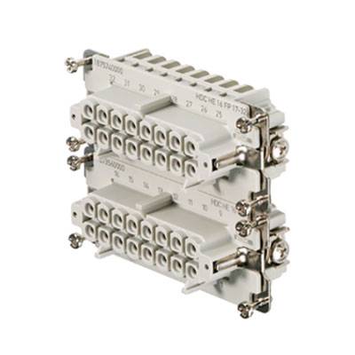 Zwei übereinander angeordnete graue Steckverbinder mit mehreren Anschlüssen, geeignet für industrielle elektrische Verbindungen.