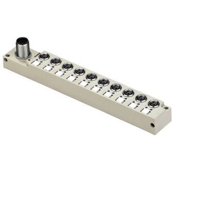 Rechteckiger, weißer Steckverbinderblock mit zehn runden Anschlüssen und einem größeren Anschluss an einem Ende.