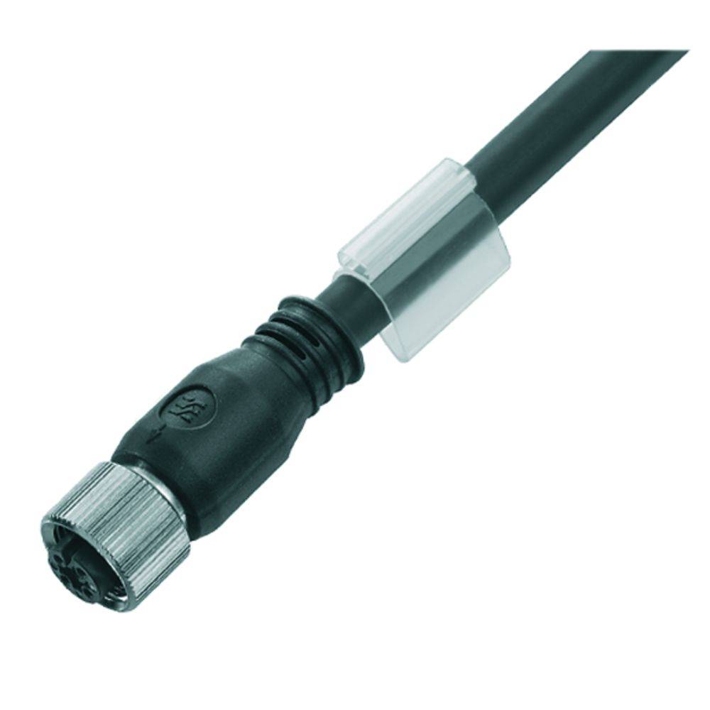 Schwarzes Kabel mit silbernem Anschluss, geeignet für elektronische Verbindungen in industriellen Anwendungen.