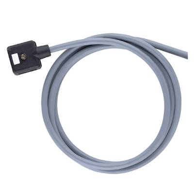 Ein graues Kabel mit einem rechteckigen Anschluss ist zu sehen, teilweise aufgewickelt, auf einer weißen Fläche liegend.