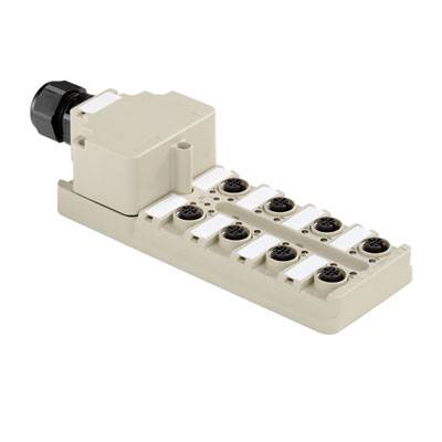 Ein beige Steckverbinderblock mit mehreren runden Anschlüssen, geeignet für industrielle Anwendungen, auf weißem Hintergrund.