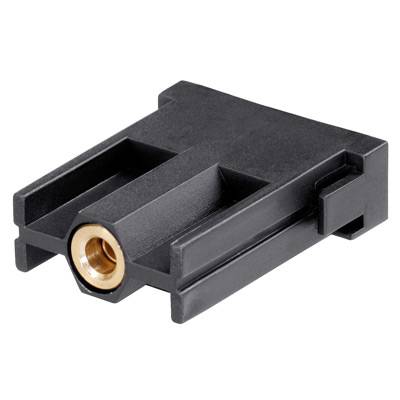 Ein schwarzer Kunststoffadapter mit einer Metallbuchse in der Mitte, geeignet für die Verbindung von elektronischen Bauteilen.