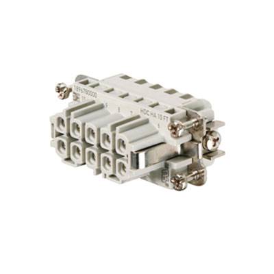 Ein rechteckiger, mehrpoliger elektrischer Stecker mit Metallverschlüssen und mehreren Anschlüssen in zwei Reihen angeordnet.