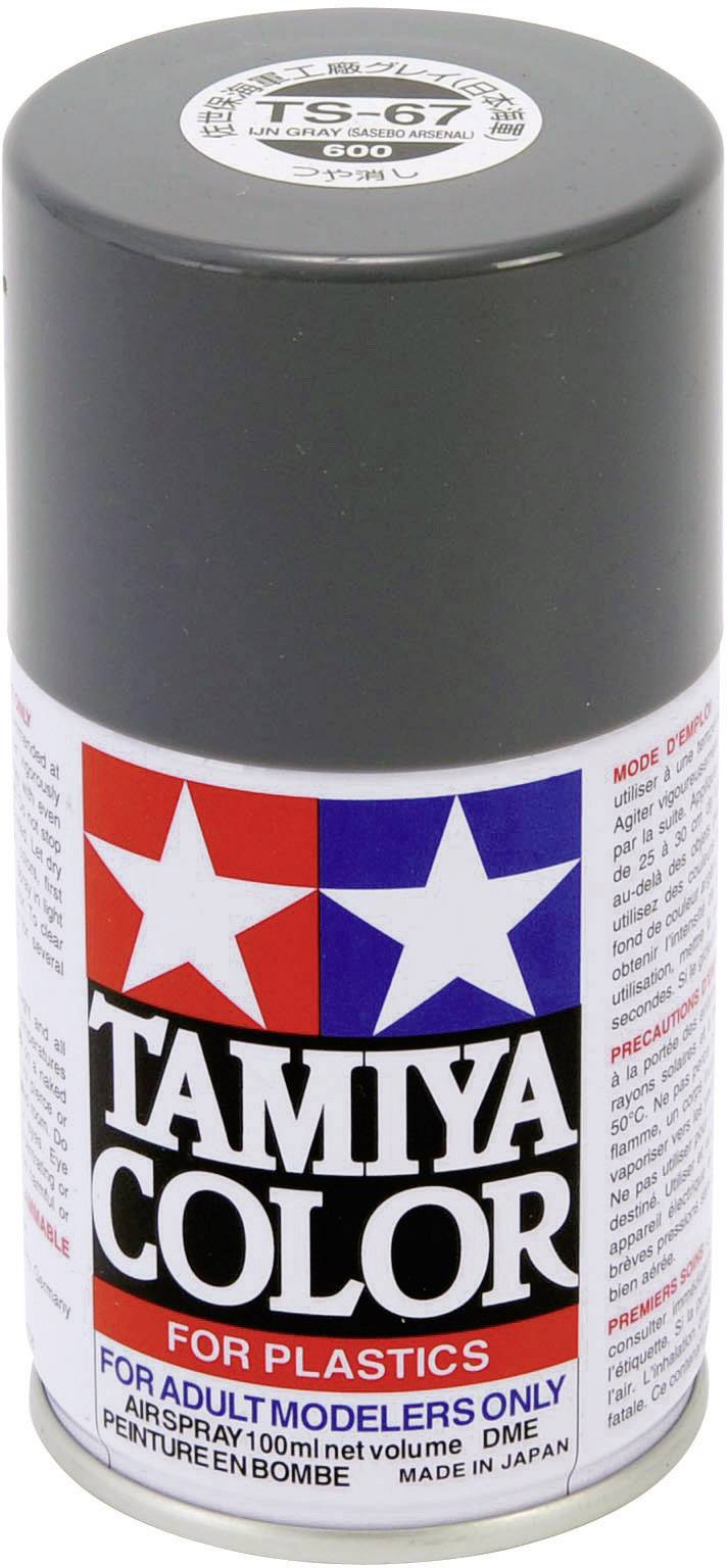 Spraydose mit der Aufschrift 'Tamiya Color for Plastics' und Warnhinweisen darunter. Designed für Erwachsenenmodellbauer.