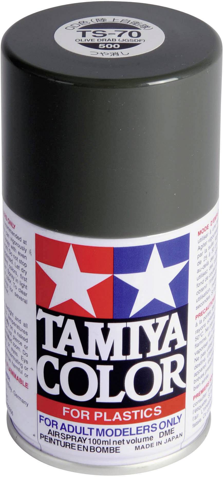 Sprühdose mit grauer Kappe und buntem Etikett der Marke 'Tamiya Color', speziell für Modellbauer. Enthält 100 ml.