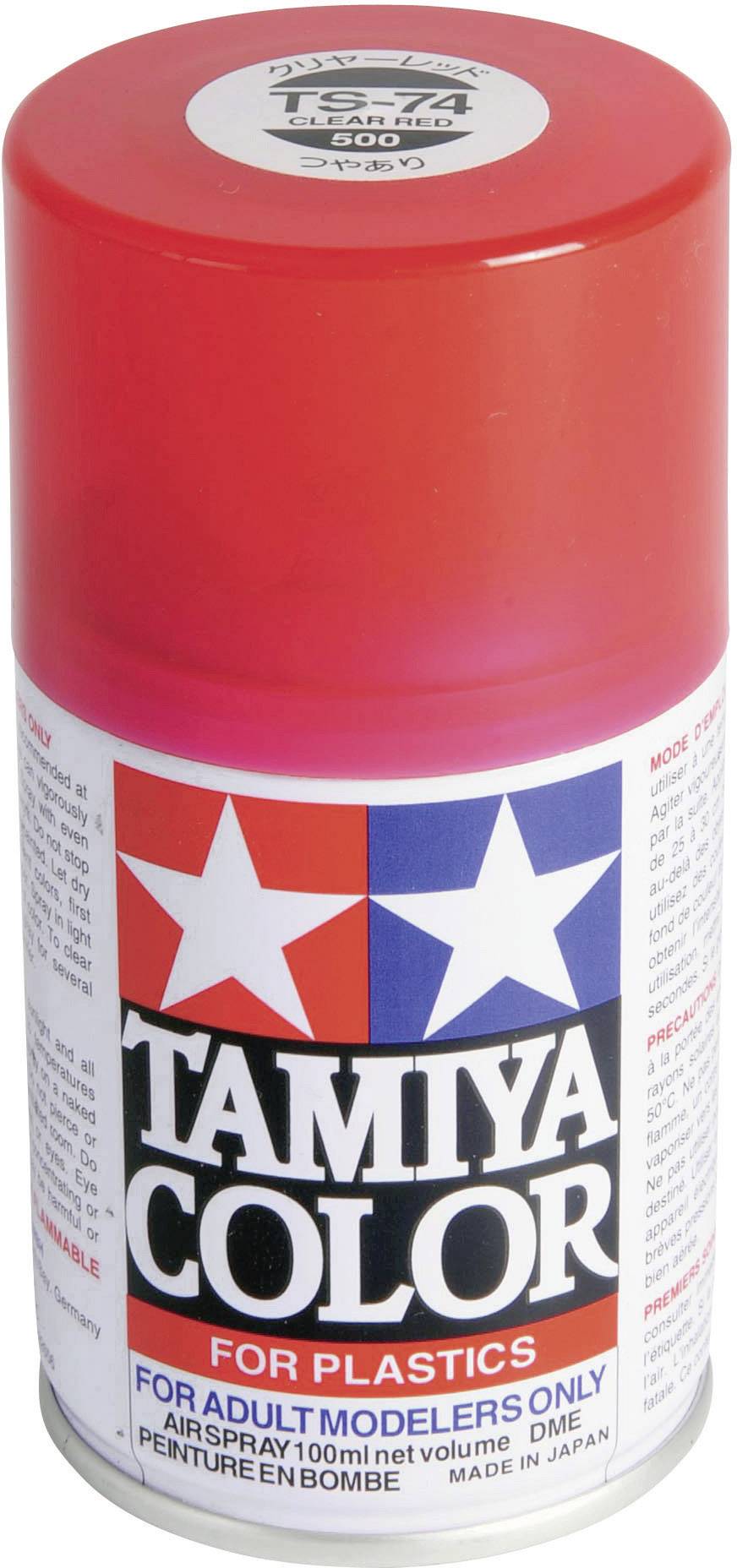 Sprühdose mit roter Kappe, Etikett 'Tamiya Color for Plastics'. Enthält Details über Modellbauer-Farbspray, speziell für Kunststoff.