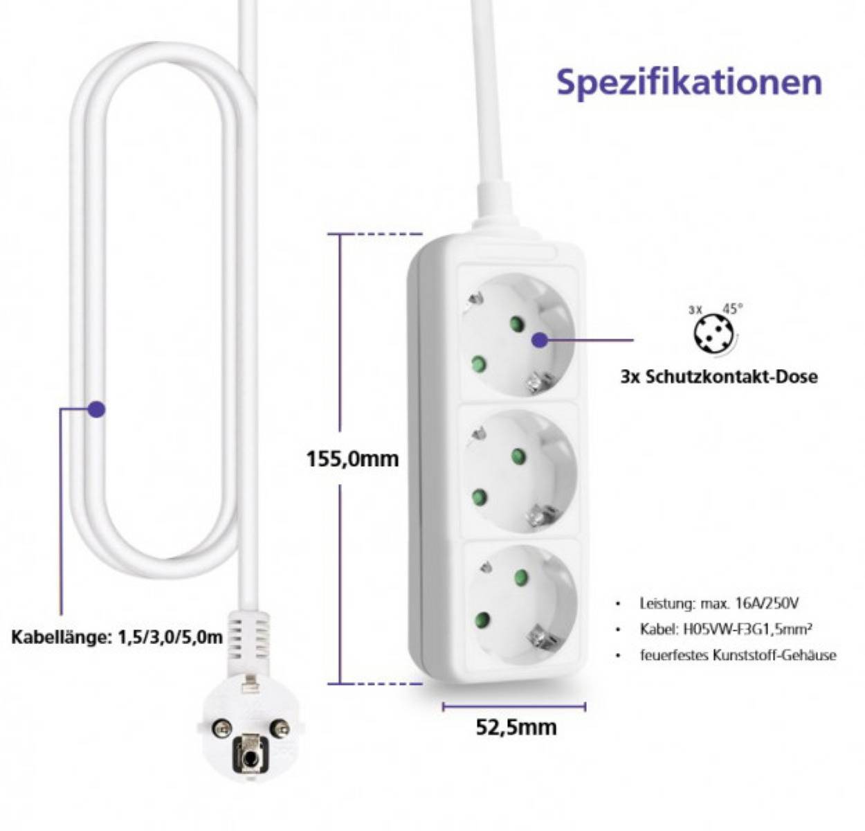 Helos CLASSIC - Steckdosenleiste - Wechselstrom 230 V - 4000 Watt - Ausgangsanschlüsse: 3 - 5 m Schnur