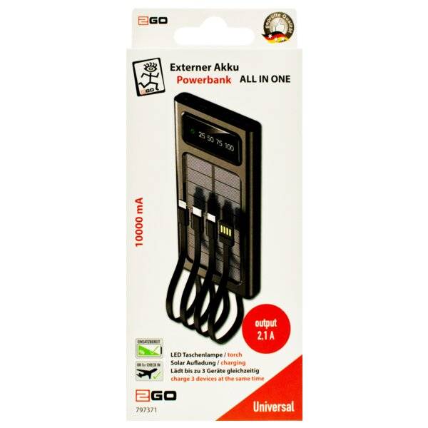 2GO Powerbank All In One 10000 mA inkl. 2x USB-A, LED Taschenlampe, Solarpanel 797371