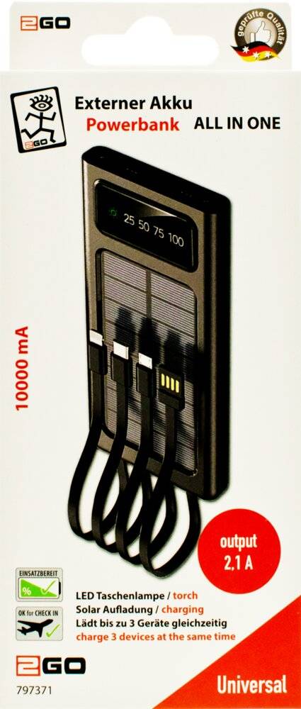 2GO Powerbank All In One 10000 mA inkl. 2x USB-A, LED Taschenlampe, Solarpanel 797371