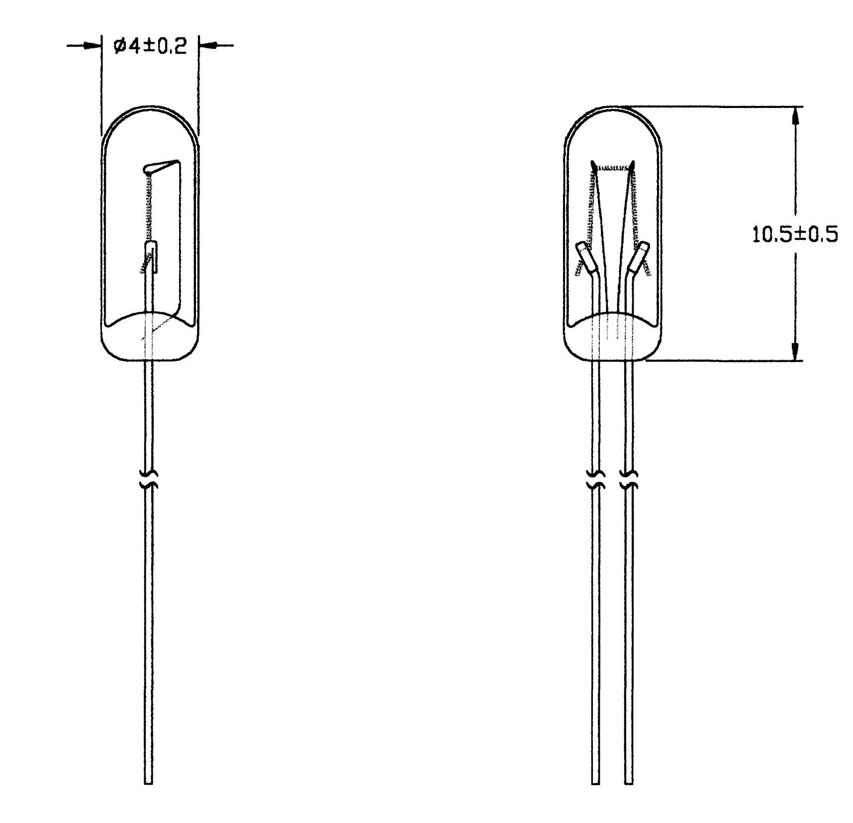 Technische Zeichnung eines Leuchtdioden (LED) Gehäuses, zeigt Abmessungen: Durchmesser 4 ± 0,2 mm, Höhe 10,5 ± 0,5 mm.