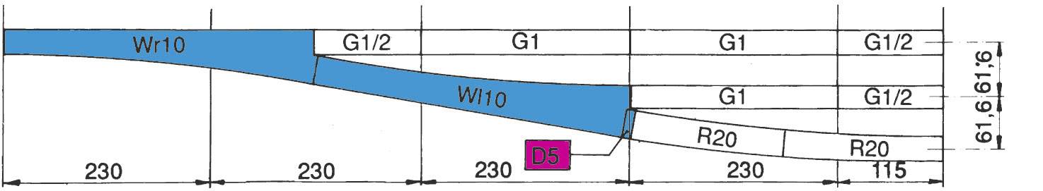 Technische Zeichnung zeigt einen Kanalverlauf mit verschiedenen Breiten und Beschriftungen wie 'Wr0', 'G1', 'W/10', 'DS', 'R20'.