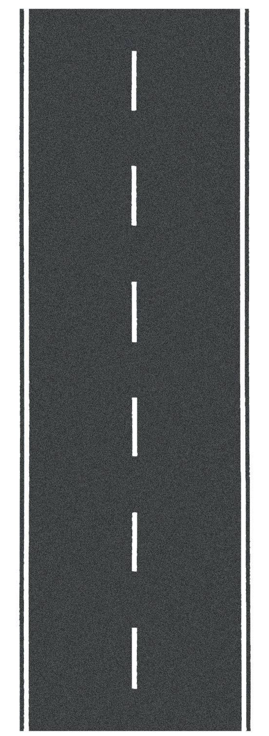 Eine gerade Straße mit gestrichelten Mittellinien und durchgezogenen weißen Randlinien.