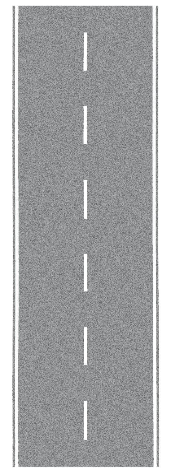 Eine gerade, zweispurige Straße mit durchgehender Mittellinie und gestrichelten Seitenlinien, die in Richtung Horizont verläuft.