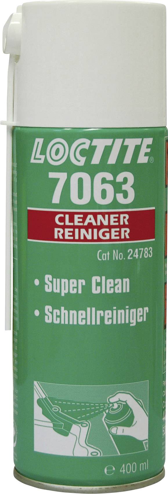 Eine grüne Spraydose mit weißem Deckel, Beschriftung 'LOCTITE 7063 Cleaner Reiniger', 400 ml Kapazität.