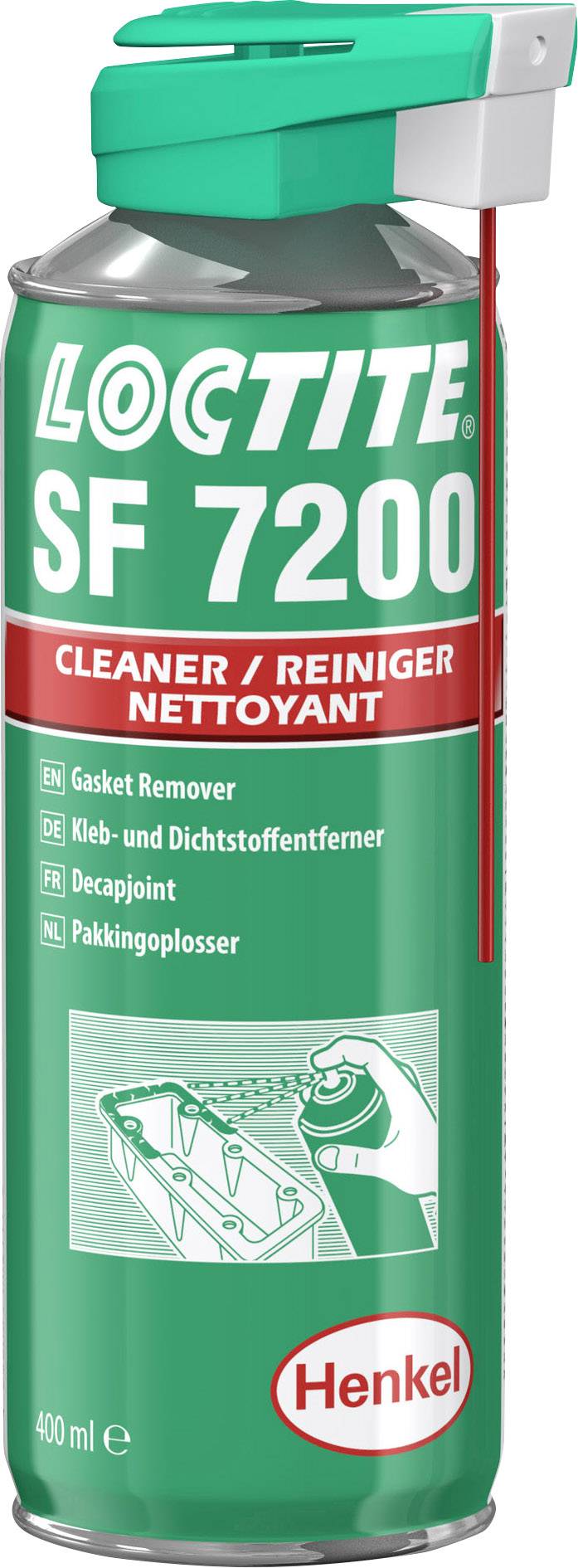 Die Abbildung zeigt eine Spraydose 'Loctite SF 7200', verwendet als Kleb- und Dichtstoffentferner. Enthält 400 ml, Marke Henkel.