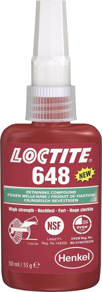 Rote Flasche 'LOCTITE 648', 50 ml, für hohe Festigkeit. Text auf der Flasche betont NSF-Zulassung und Anwendungsbereich.