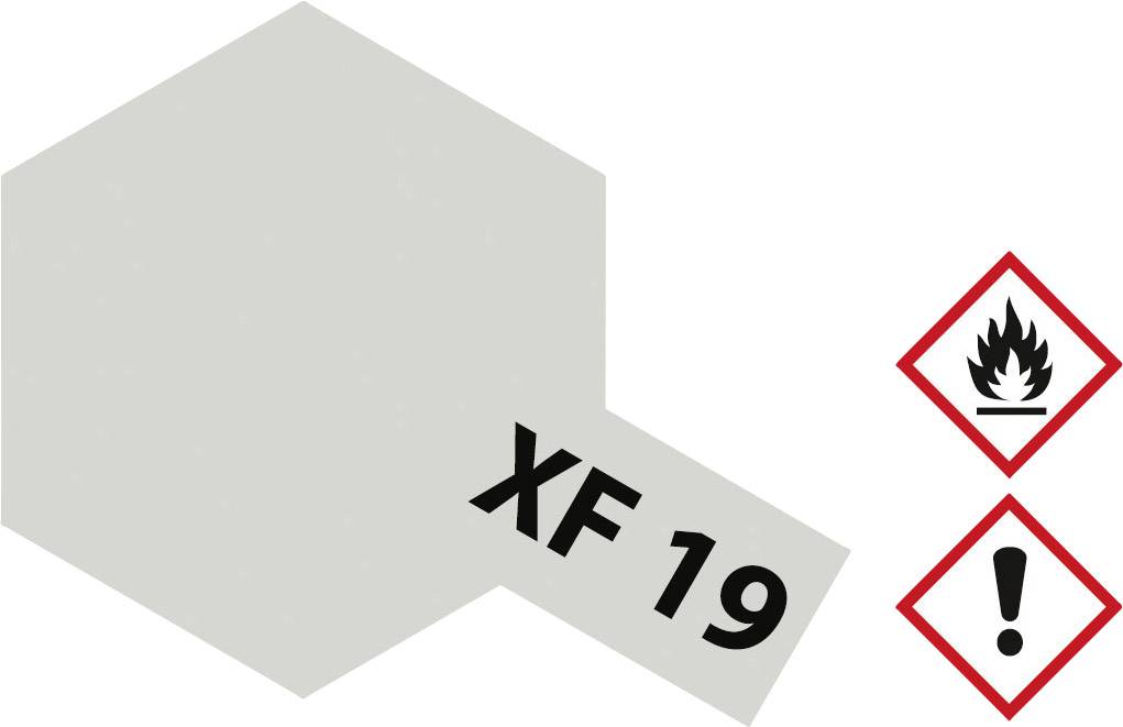 Graue sechseckige Fläche mit der Aufschrift 'XF 19'. Rechts daneben zwei Gefahrensymbole: Flamme und Ausrufezeichen.