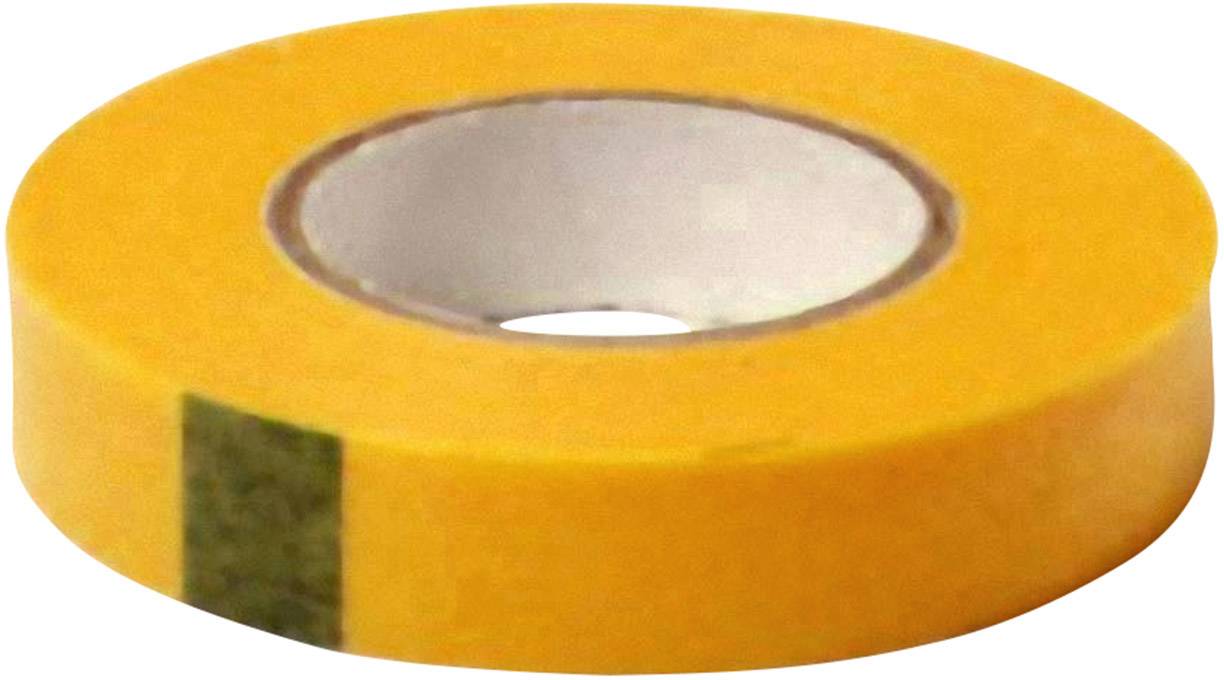 Eine Rolle gelbes Klebeband mit grauer Klebefläche in der Mitte, auf einer weißen Oberfläche liegend.