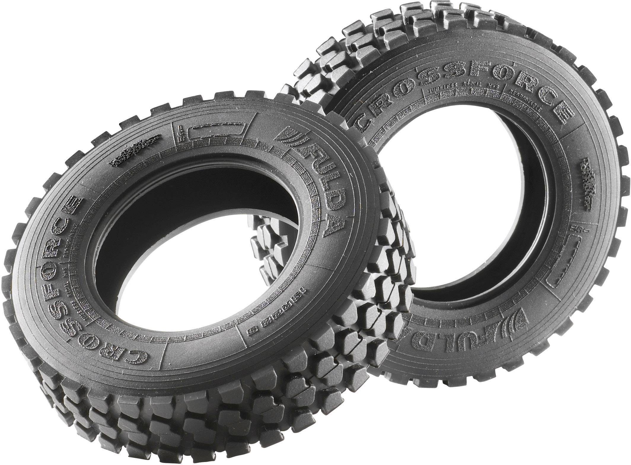 Zwei geländegängige Autoreifen mit robustem Profil, nebeneinander stehend.