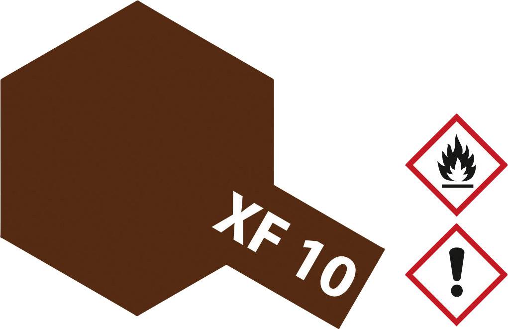 Braune, sechseckige Farbprobe mit der Aufschrift 'XF 10'. Rechts daneben Symbole für Feuergefahr und Warnung vor Gesundheitsrisiken.