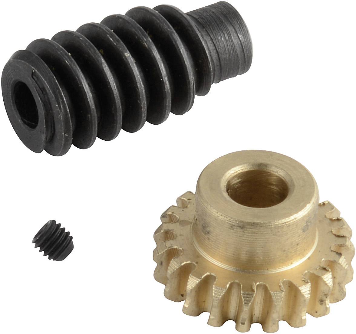 Schneckenrad-Set mit einer kleinen schwarzen Schraube, einer schwarzen Schnecke und einem goldfarbenen Zahnrad auf weißem Hintergrund.
