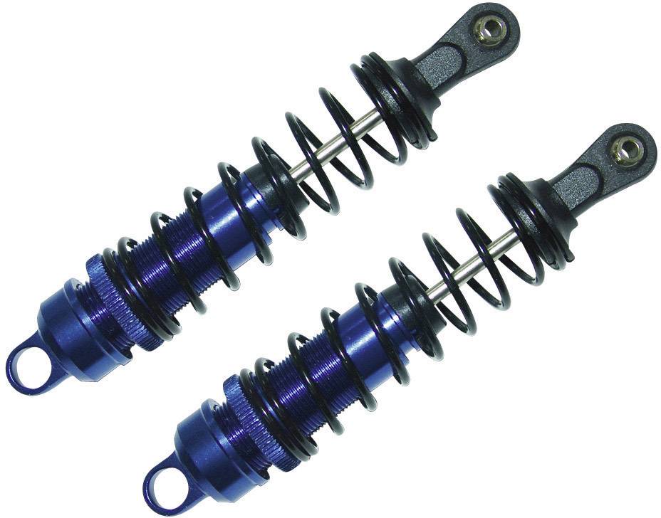 Zwei blaue Stoßdämpfer mit Schraubenfedern aus Metall zeigen ihre Federn und Aufhängungsmechanismen, nebeneinander dargestellt.