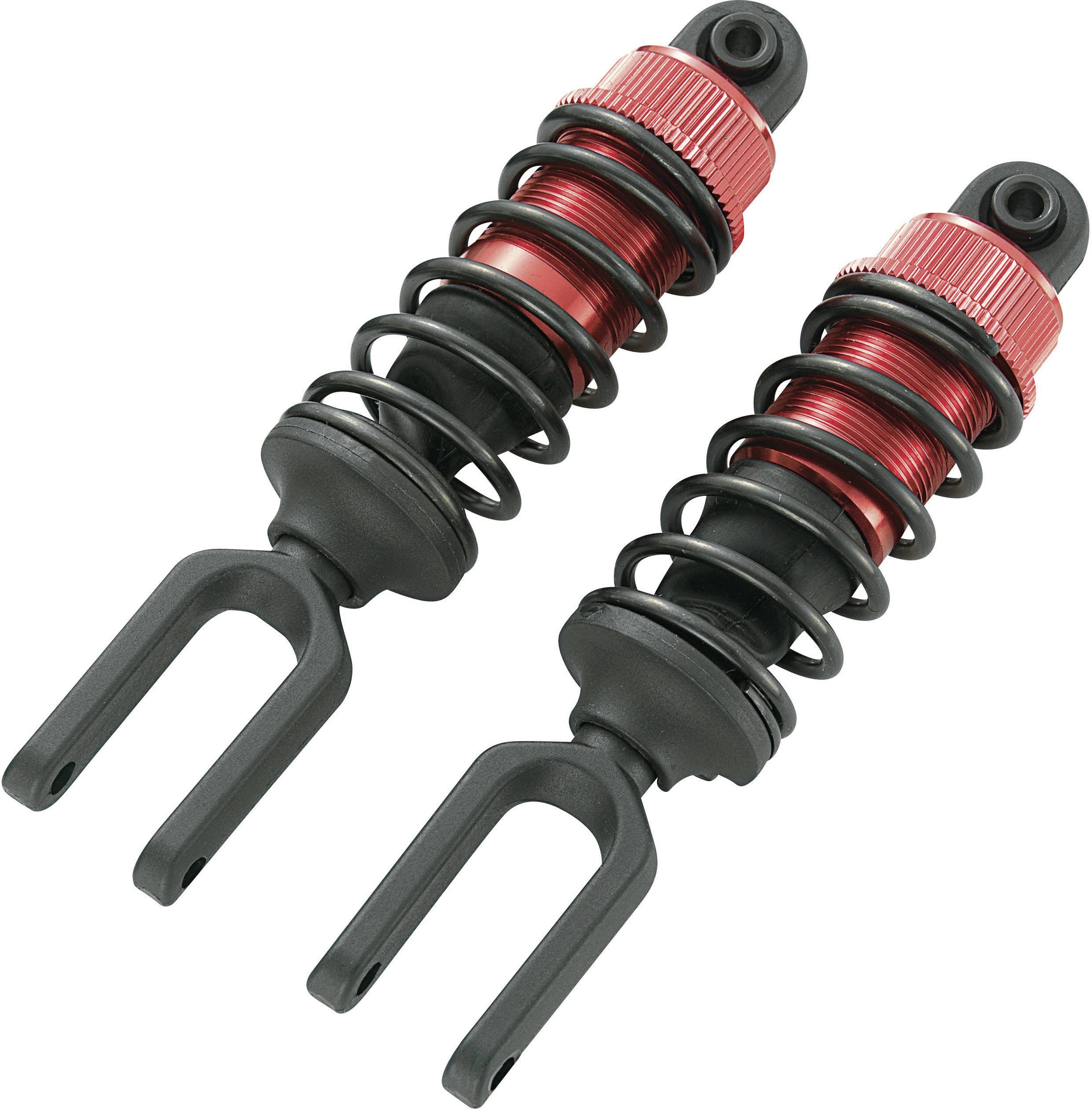 Zwei rote und schwarze Stoßdämpfer mit Spiralfedern, die nebeneinander liegen. Sie sind für Motorräder oder ähnliche Fahrzeuge geeignet.