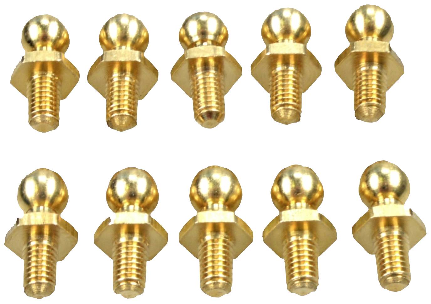 Zehn goldene Schrauben mit kugelförmigen Köpfen in zwei Reihen angeordnet.