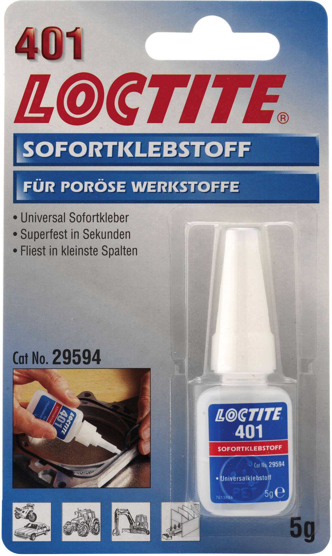 Verpackung einer Flasche 'Loctite 401 Sofortklebstoff'. Geeignet für poröse Werkstoffe. Enthält 5g Kleber.