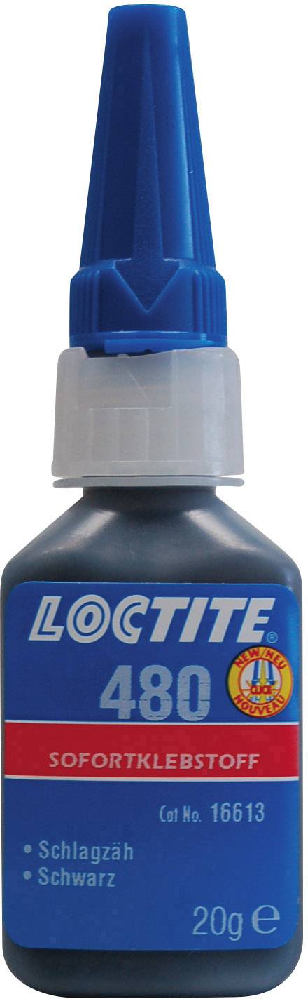 Flasche mit Aufschrift 'Loctite 480 Sofortklebstoff', 20 g, blau-schwarzes Design, geeignet für Präzisionsklebungen.