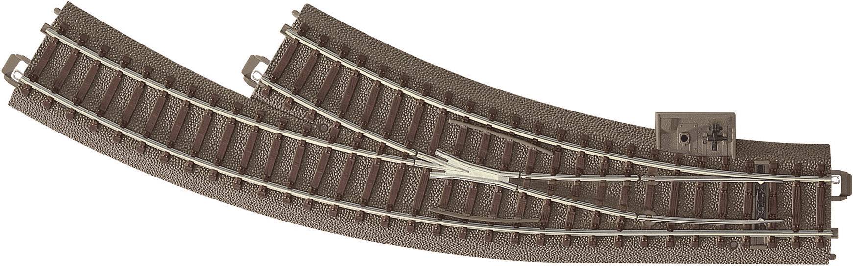 Modellbahngleis mit einer Weiche, zweiteiliges Set, detaillierte Schwellen und Schienen, geeignet für Zuglayouts.