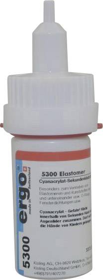 Eine Flasche Klebstoff 'ergo 5300 Elastomer' mit roter Kappe und blauer Etikettierung, enthält Cyanacrylat-Sekundenkleber.