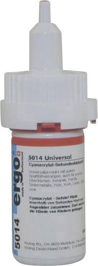 Ein weißer Kleber mit roter Kappe 'ergo 5014'. Universal Cyanacrylat-Sekundenkleber. Warnhinweise: Hautkontakt vermeiden, von Kindern fernhalten.