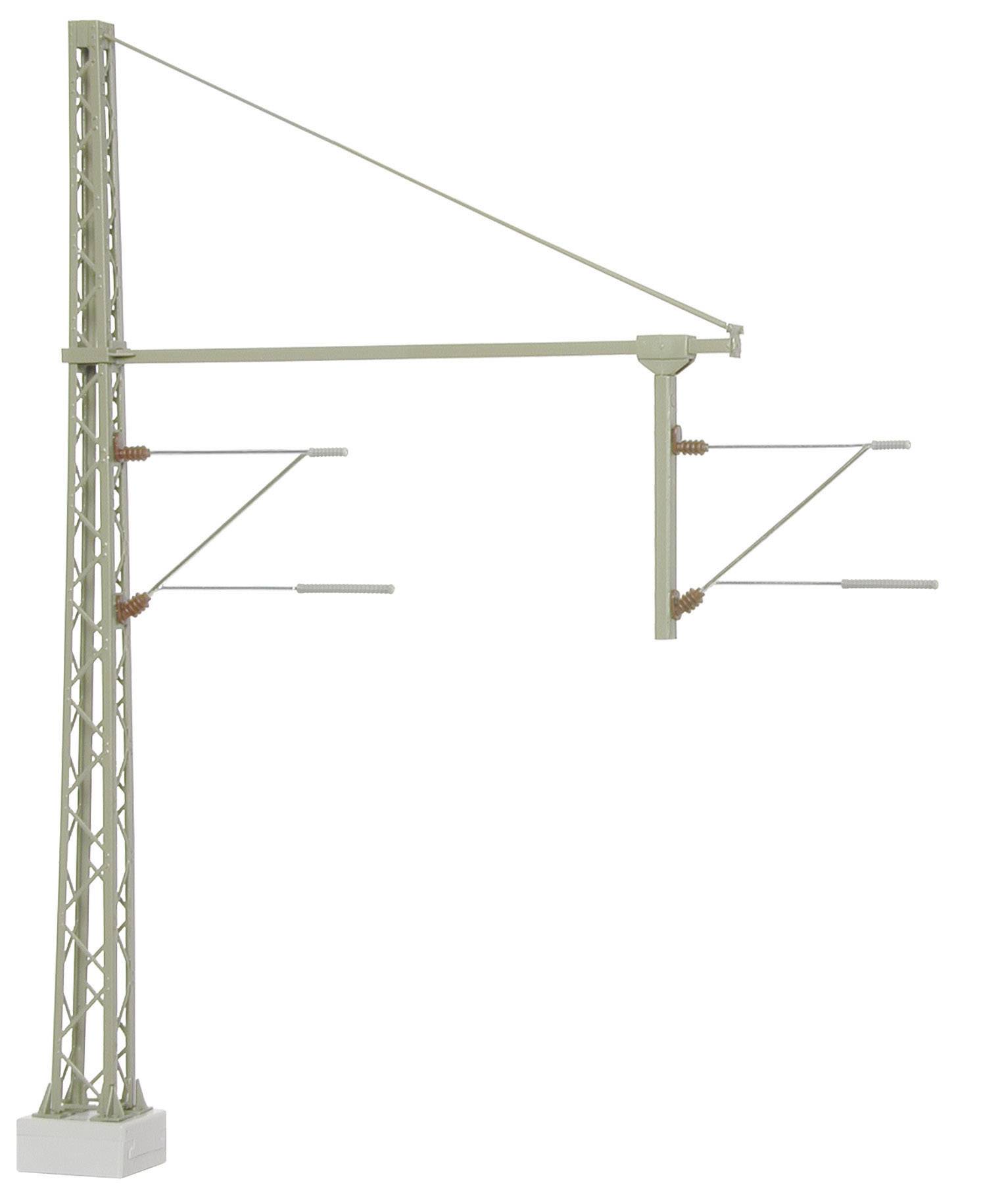 Modelleisenbahn-Oberleitungsmast mit Querträgern und Isolatoren. Geeignet zur Darstellung elektrifizierter Bahnstrecken im Modellbau.