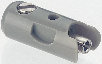 Graues zylindrisches Bauteil mit Schraube an der Oberseite, möglicherweise ein elektrischer Verbinder oder Adapter.