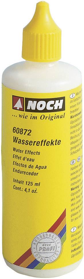 Gelbes Fläschchen mit der Aufschrift 'NOCH Wassereffekte'. Enthält 125 ml. Verwendet für Modelleisenbahn-Landschaften zur Gestaltung von Wasser.