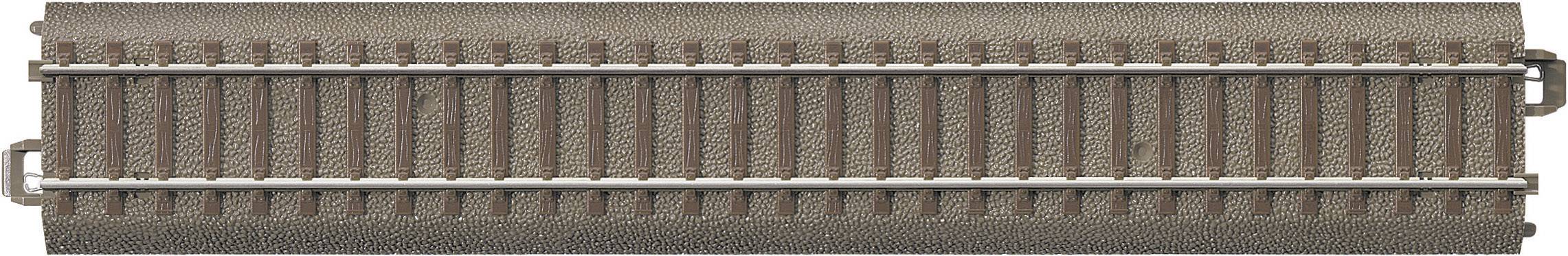 Modellgleisschiene mit Metallgleisen und braunem Kiesbett. Geeignet für Modellbahnprojekte und Schienenfahrzeuge.