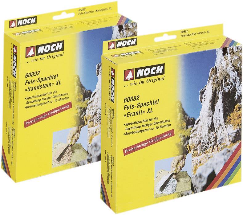 Zwei Verpackungen Fels-Spachtel von NOCH in Sandstein und Granit. Produktbilder zeigen Anwendungsbeispiele für Modellbau.
