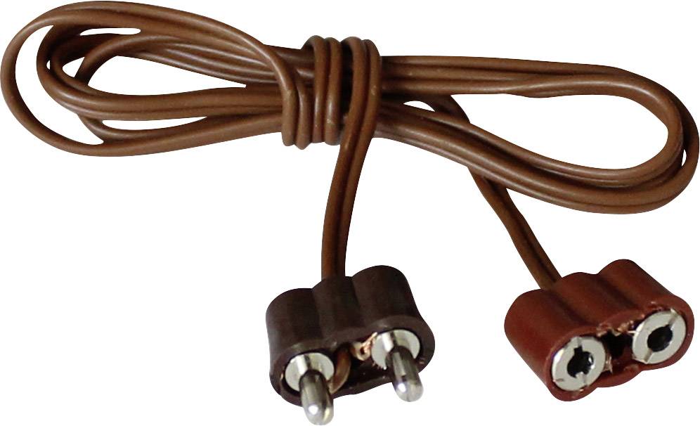 Braunes, gewundenes Elektrokabel mit zwei metallischen Steckverbindern an einem Ende.