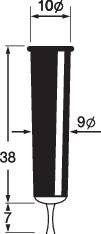 Eine technische Zeichnung zeigt einen zylindrischen Stift. Der obere Durchmesser beträgt 10, der untere 9, und die Länge ist 38.