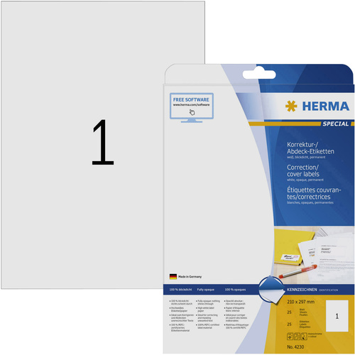 Herma 4230 Etiketten 210 x 297mm Papier Weiß 25 St. Permanent Korrektur-Etiketten, Abdeck-Etiketten Tinte, Laser, Kopie 25 Blatt