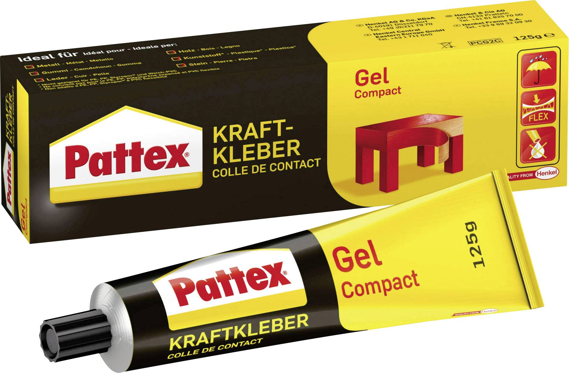 Gel-Klebstoff von Pattex in einer gelben und schwarzen Tube; ideale Haftung für flexible Materialien, Darstellung einer Bank.