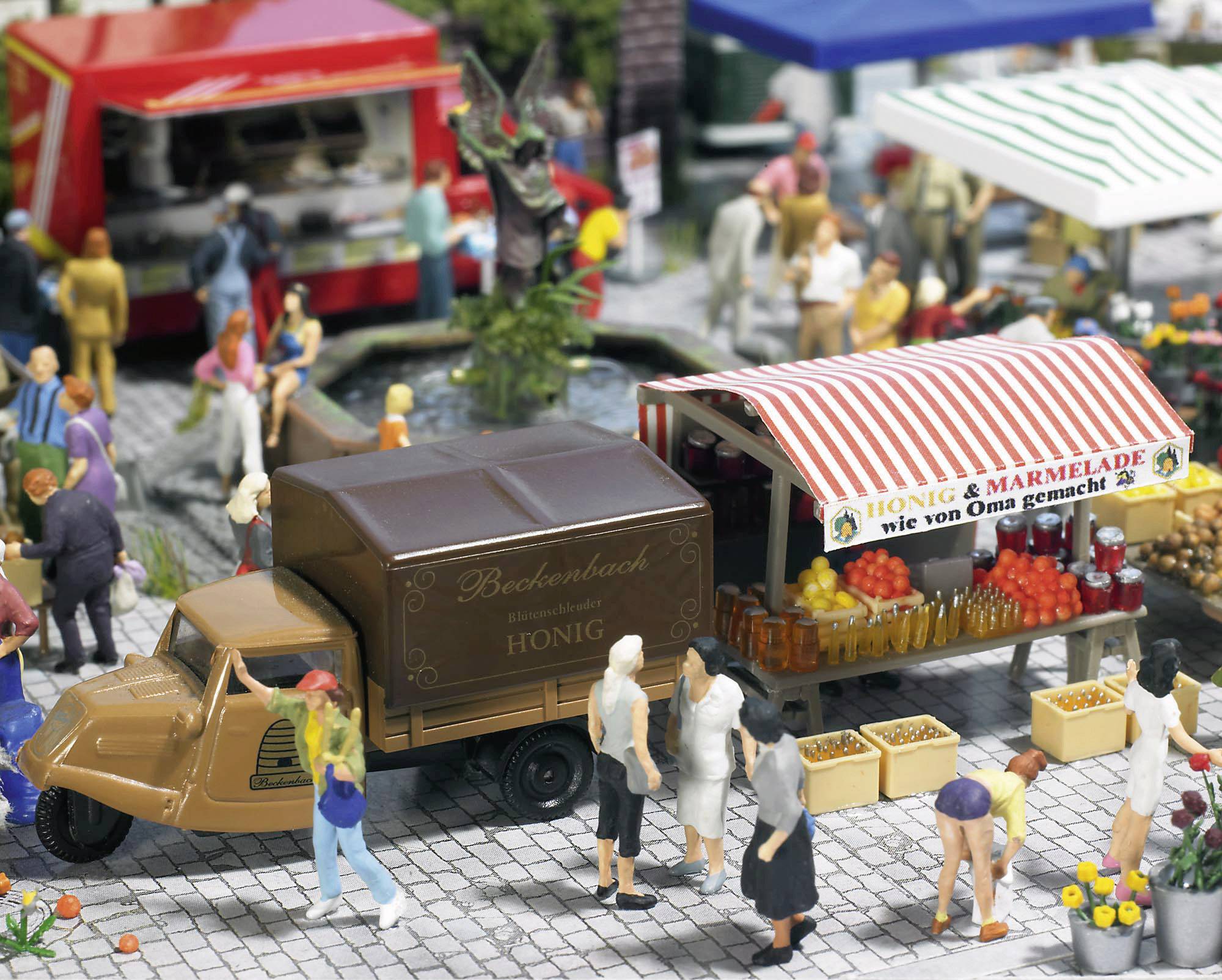 Busch 1071 H0 Marktstand Obst, Gemüse, Honig Bausatz, Bemalt